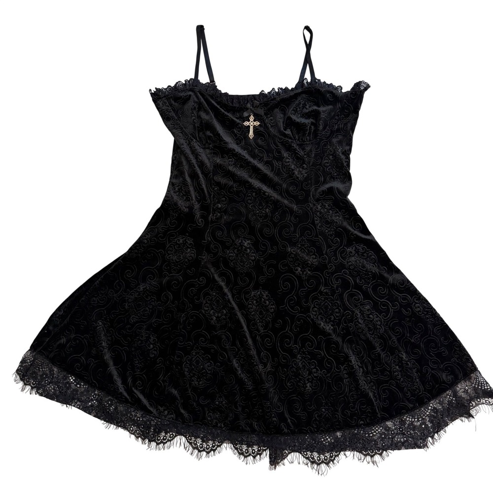 Gothic Black Burnout Velvet Lace Trim Mini Dress Whimsigoth Cross Charm XL